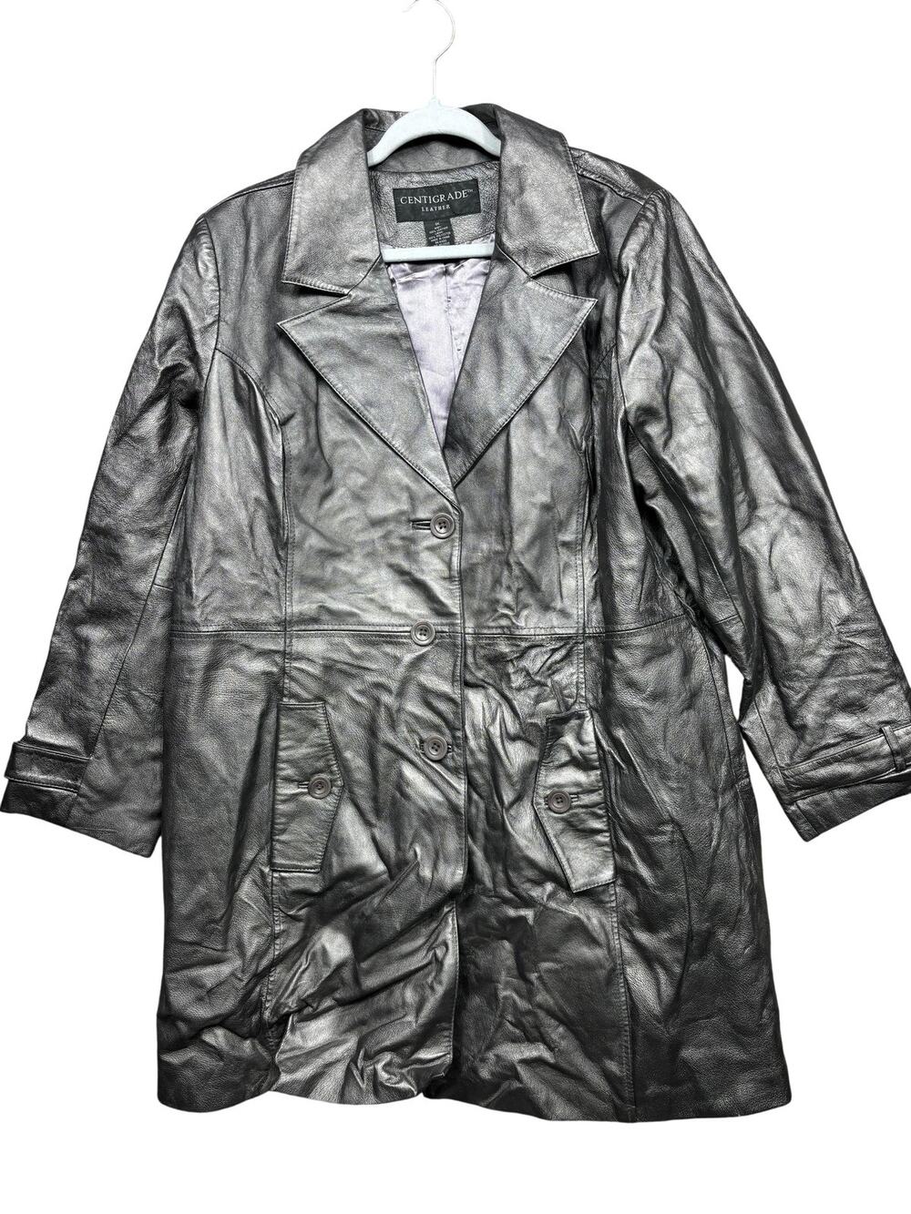 Centigrade Leather Coat Womens 1X Gray Trench Single Breasted Lined Pockets